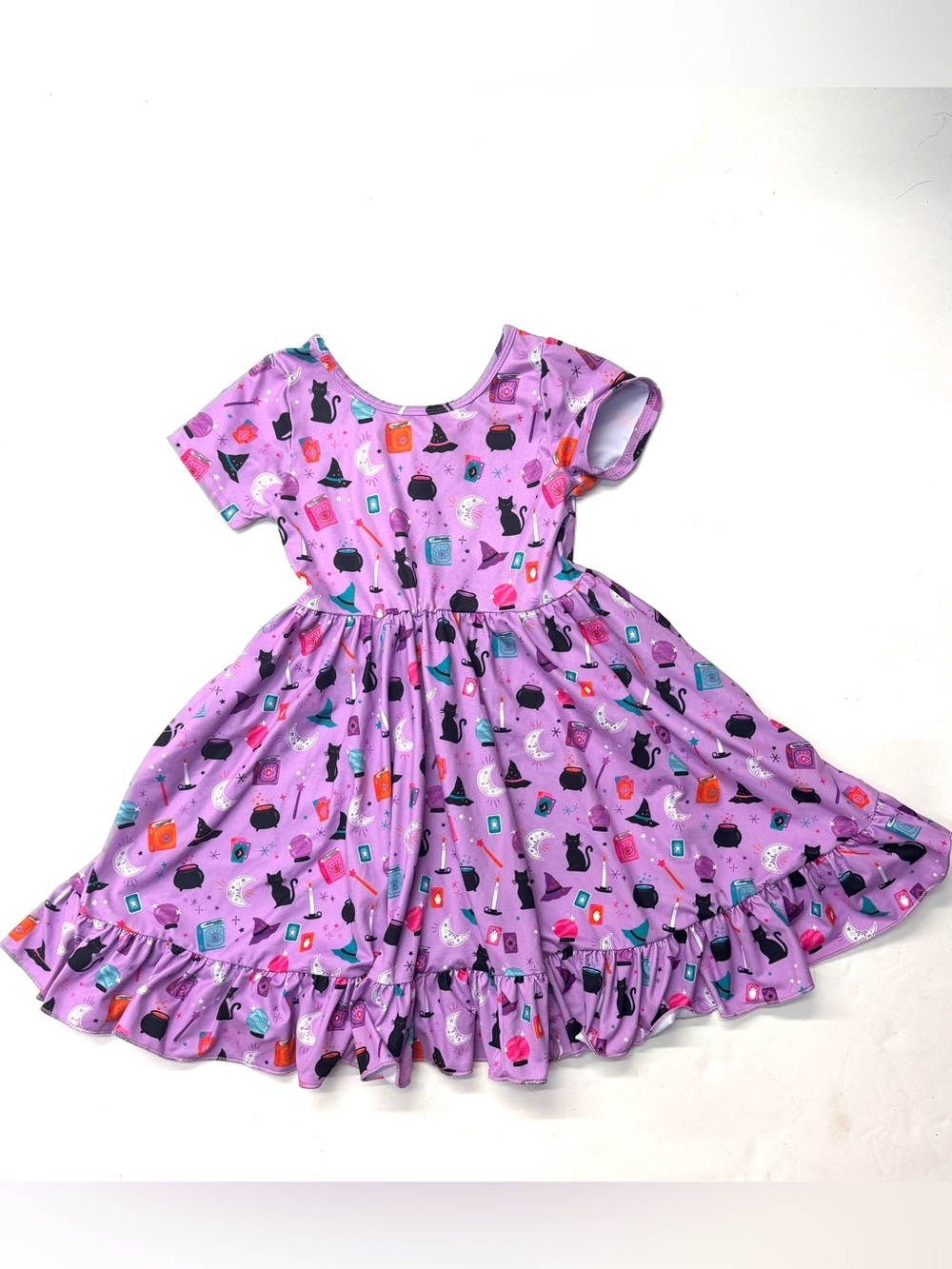 Girlhood Little Stocking Company Purple Witch Cat Halloween Print Twirl Dress